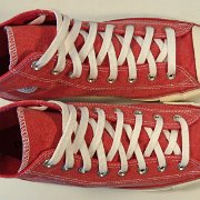 2017 Red Stonewashed High Top Chucks  Top view of 2017 red stonewashed canvas high tops.